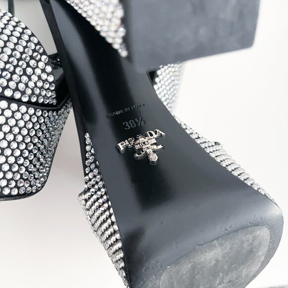 Prada Embellished Satin Platform Sandals with Crystals Logo 38.5 - Picture 13 of 14